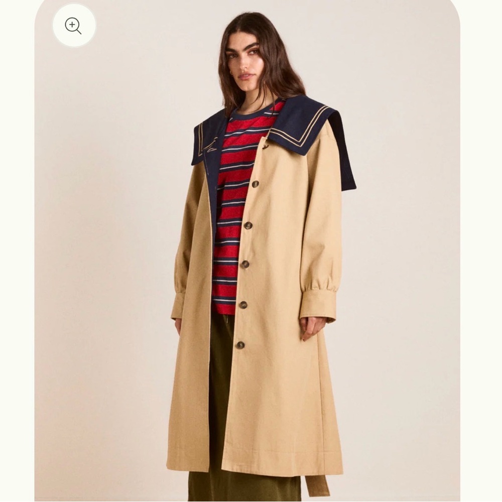 DAMSON MADDER ELLA TRENCH:Beige Women’s Long Trench Coat with Navy Sailor Collar